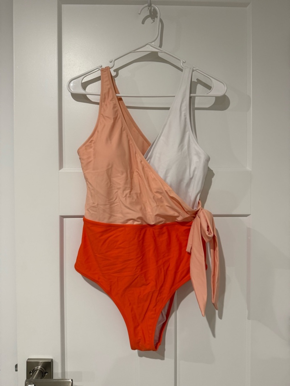 Colorblock One-Piece Swimsuit with Side Tie - Peach, White & Bright Orange